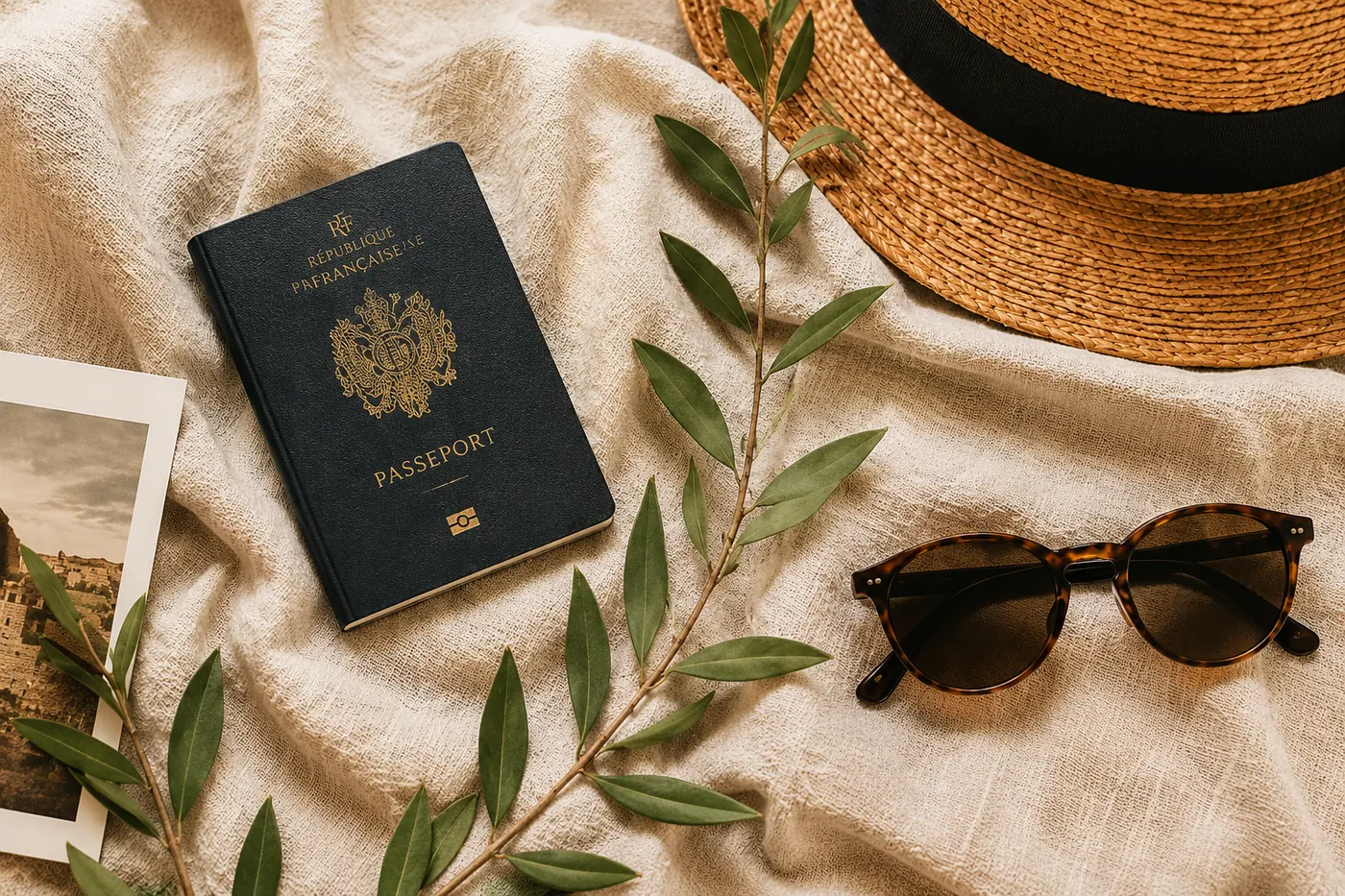 Passport, sunglasses, straw hat and olive branches prepared for travel to Cairo